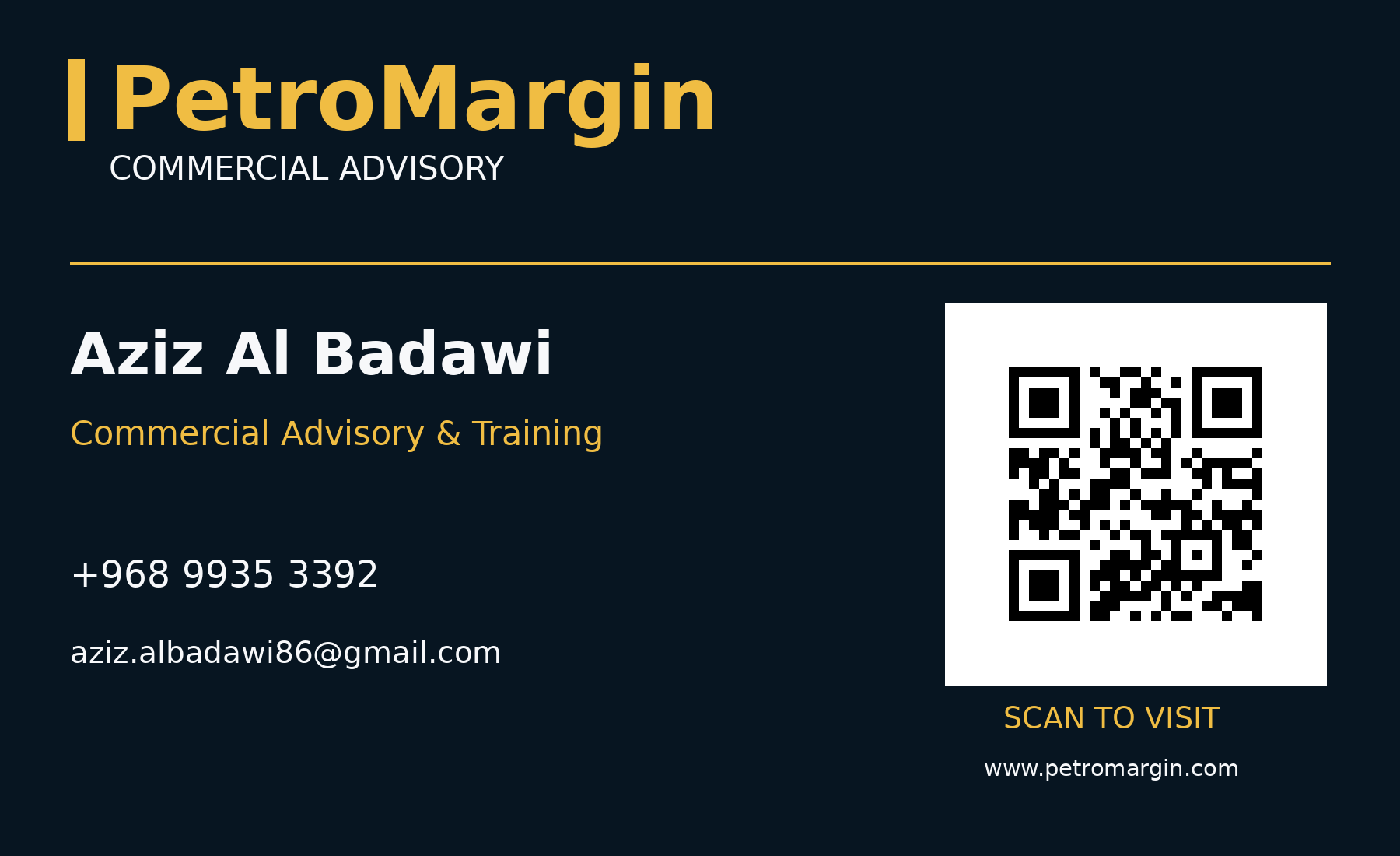 PetroMargin business card — Aziz Al Badawi, Commercial Advisory and Training, with website QR code